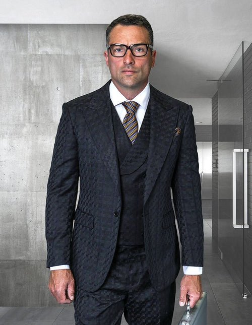 Statement Mens Modern Fit 3 Piece 100% Wool Checker Suit – Unique Pattern, Peak Lapel, Double Breasted Vest