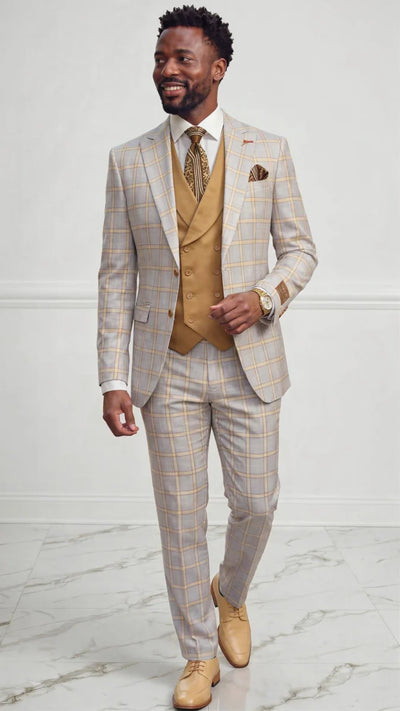 Statement Mens Modern Fit 3 Piece 100% Wool Sharp Windowpane Suit – Double Breasted Vest