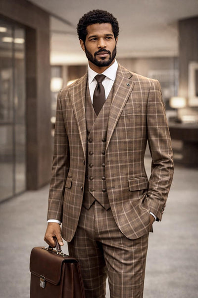 Statement Men's Plaid Tailored Fit Copper 3 Piece Designer Suit Modena