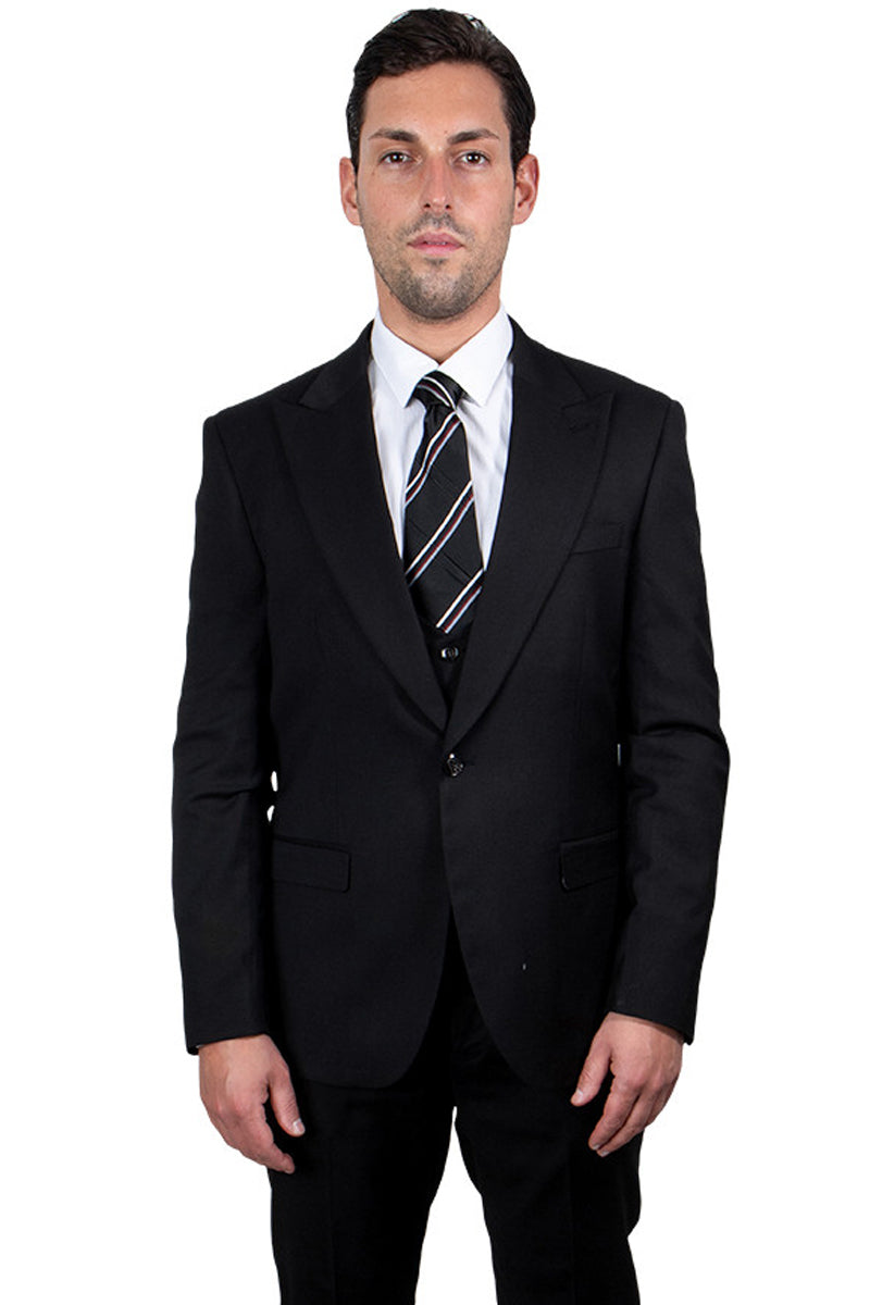 "Stacy Adams Men's Black Suit - One Button Peak Lapel with Vest"