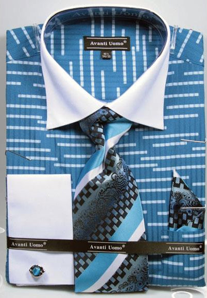 Steel Blue Unique Broken Stripe Pattern Dress Shirt - 20.5" Neck/36-37" Sleeve