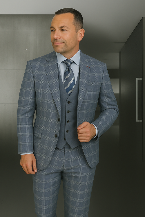 Modern Fit - Wool Suit - Italian Made Business Suit by Statement Men's 3 Piece 100% Wool Modern Fit Suit - Coordinating Solid Color Vest