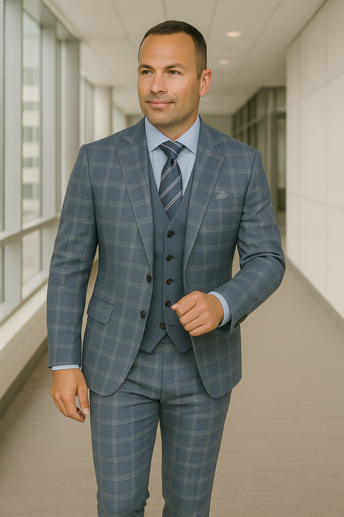 Modern Fit - Wool Suit - Italian Made Business Suit by Statement Men's 3 Piece 100% Wool Modern Fit Suit - Coordinating Solid Color Vest