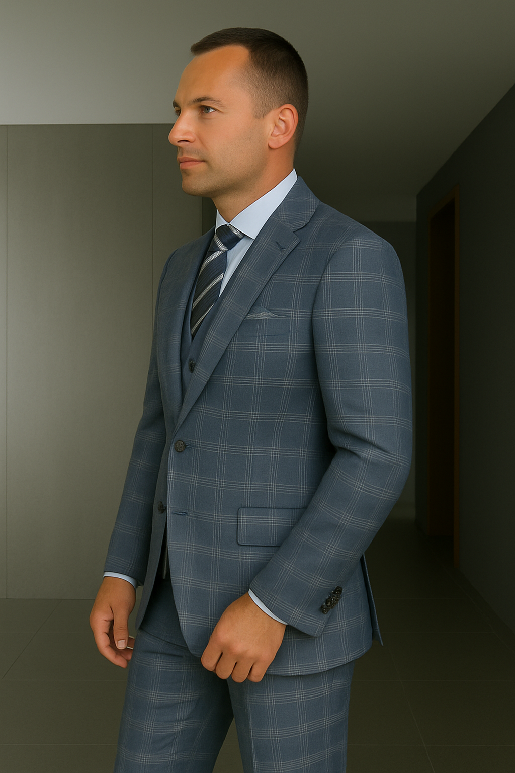 Wool Suit - Italian Made Business Suit by Statement Men's 3 Piece 100% Wool Modern Fit Suit - Coordinating Solid Color Vest - 38R