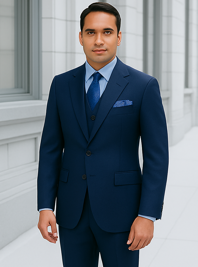 Steve Harvey Suit - Peak Lapel Modern Fit - No Pleated Pants Designer Brand Navy 3 Piece Vested Chest Pocket Suit - Coat Size 38