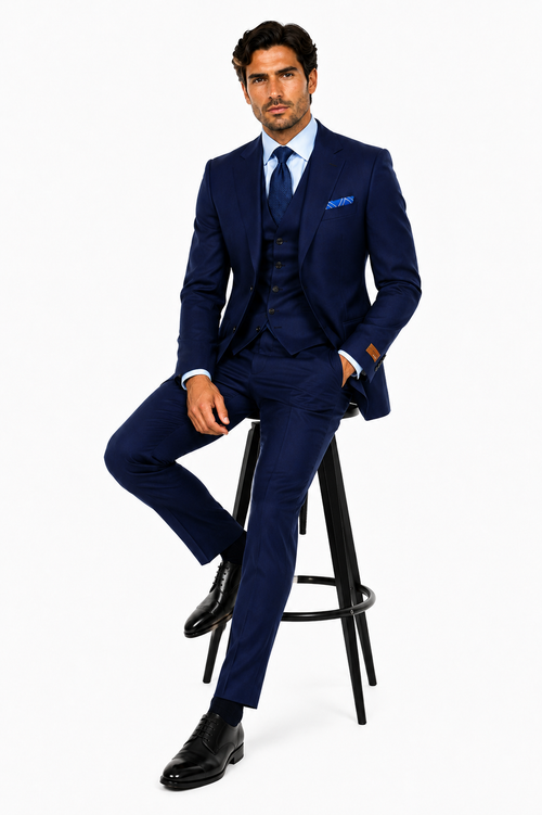 Steve Harvey Suit - Peak Lapel Modern Fit - No Pleated Pants Designer Brand Navy 3 Piece Vested Chest Pocket Suit
