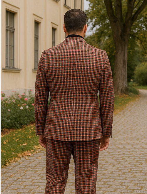 Steve Harvey Suits - Gray and Burnt Rust Checkered Suit - Plaid Textured Pattern Suit Modern Fit - New Arrival
