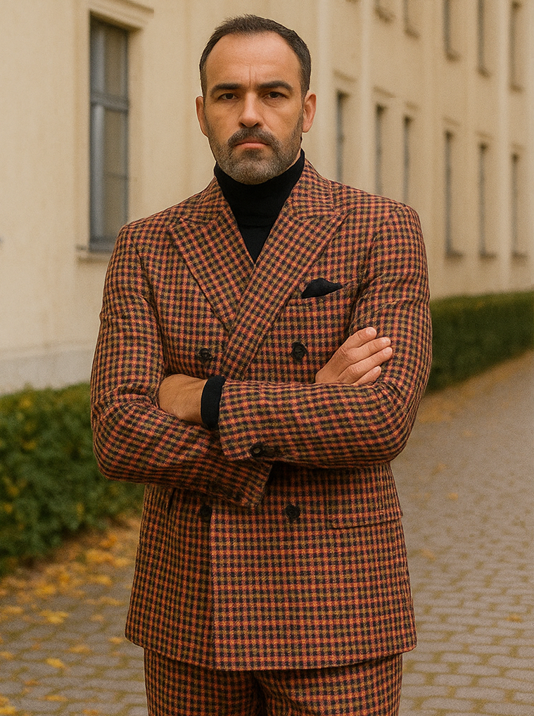 Steve Harvey Suits - Gray and Burnt Rust Checkered Suit - Plaid Textured Pattern Suit Modern Fit - New Arrival - Coat Size 38
