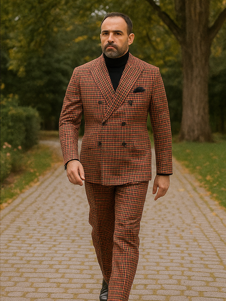 Steve Harvey Suits - Gray and Burnt Rust Checkered Suit - Plaid Textured Pattern Suit Modern Fit - New Arrival - Coat Size 38