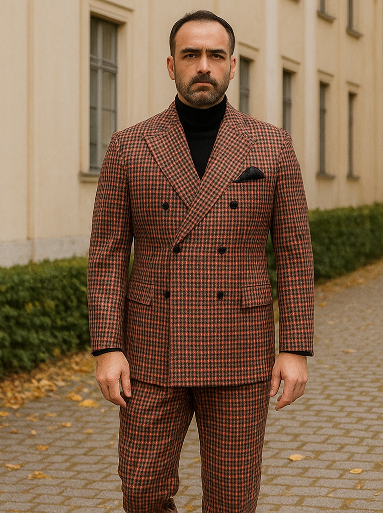 Steve Harvey Suits - Gray and Burnt Rust Checkered Suit - Plaid Textured Pattern Suit Modern Fit - New Arrival - Coat Size 38