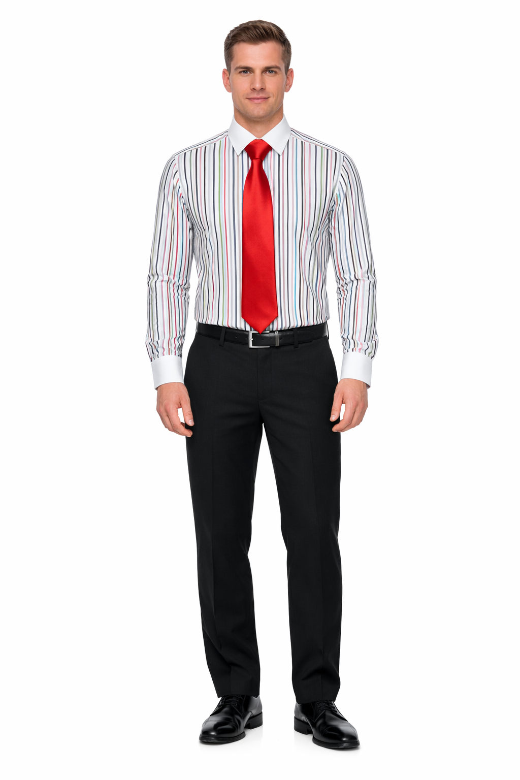 Striped Solid Tie And Slim Collar Style White Collar Two Toned Contrast Multi-Color Men's Dress Shirt-New Designer Collection