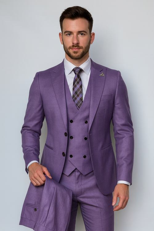 Giovanni Testi Suits With Double Breasted Vest - 3 Pieces Peak Lapel in Purple