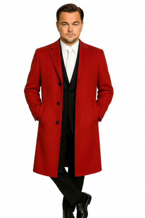 men's Three Buttons Red Wool Fabric Overcoat / Long men's Dress Topcoat - Winter coat $240