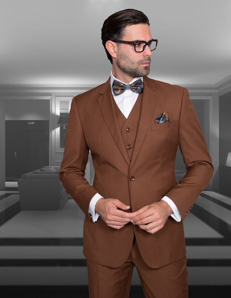 Menswear High Fashion 100% Wool 3 Piece Suit by Statement - 38 Short Jacket+32 Waist Adjustable 28to34)(Height: 5 4 to5 7 )(Neck  15-16.5)S-M)