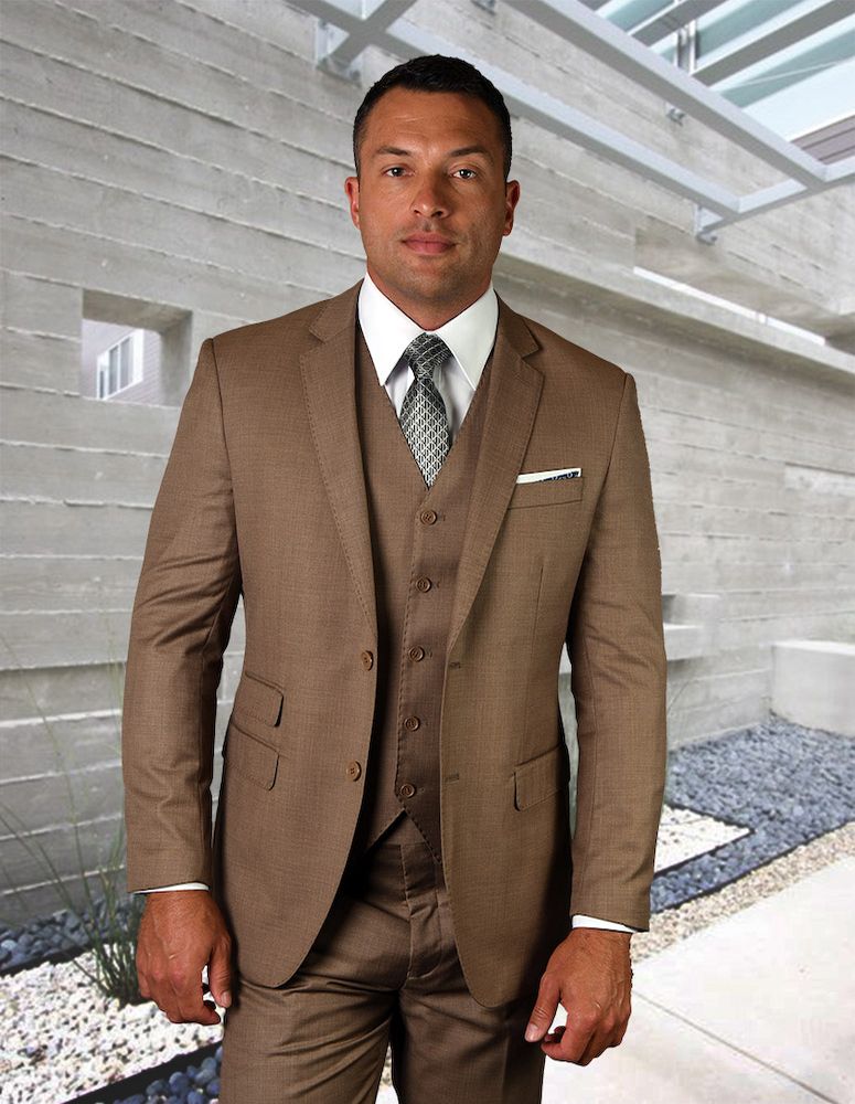 Tailored Fit Men's 3 Piece 100% Wool Suit Statement Collection - 38 Short Jacket+32 Waist Adjustable 28to34)(Height: 5 4 to5 7 )(Neck 15-16.5)S-M)