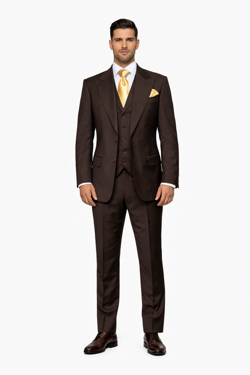Suits With Baggy Pleated Pants - Wide Leg Pants 100% Wool - Classic Fit in Brown One Button 3 Piece Suit by Rossiman