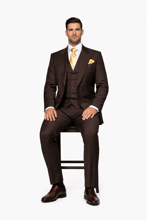 Suits With Baggy Pleated Pants - Wide Leg Pants 100% Wool - Classic Fit in Brown One Button 3 Piece Suit by Rossiman