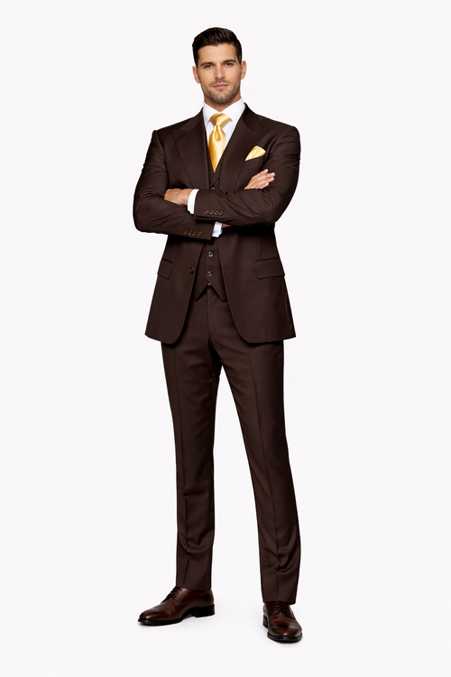 Suits With Baggy Pleated Pants - Wide Leg Pants 100% Wool - Classic Fit in Brown One Button 3 Piece Suit by Rossiman