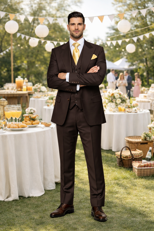 Suits With Baggy Pleated Pants - Wide Leg Pants 100% Wool - Classic Fit in Brown One Button 3 Piece Suit by Rossiman