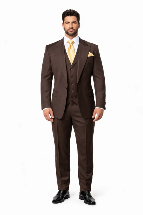 Suits With Baggy Pleated Pants - Wide Leg Pants 100% Wool - Classic Fit in Brown One Button 3 Piece Suit by Rossiman