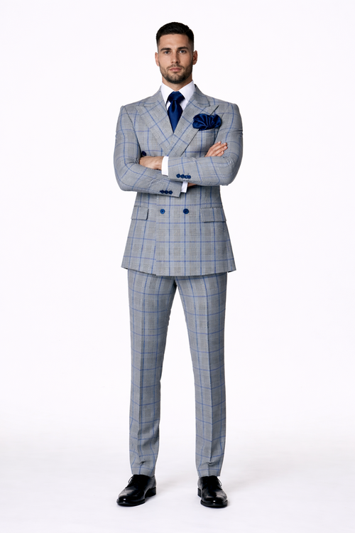 Suits With Baggy Pleated Pants - Wide Leg Pants 100% Wool - Classic Fit in Color Grey with Blue Plaid by Rossiman