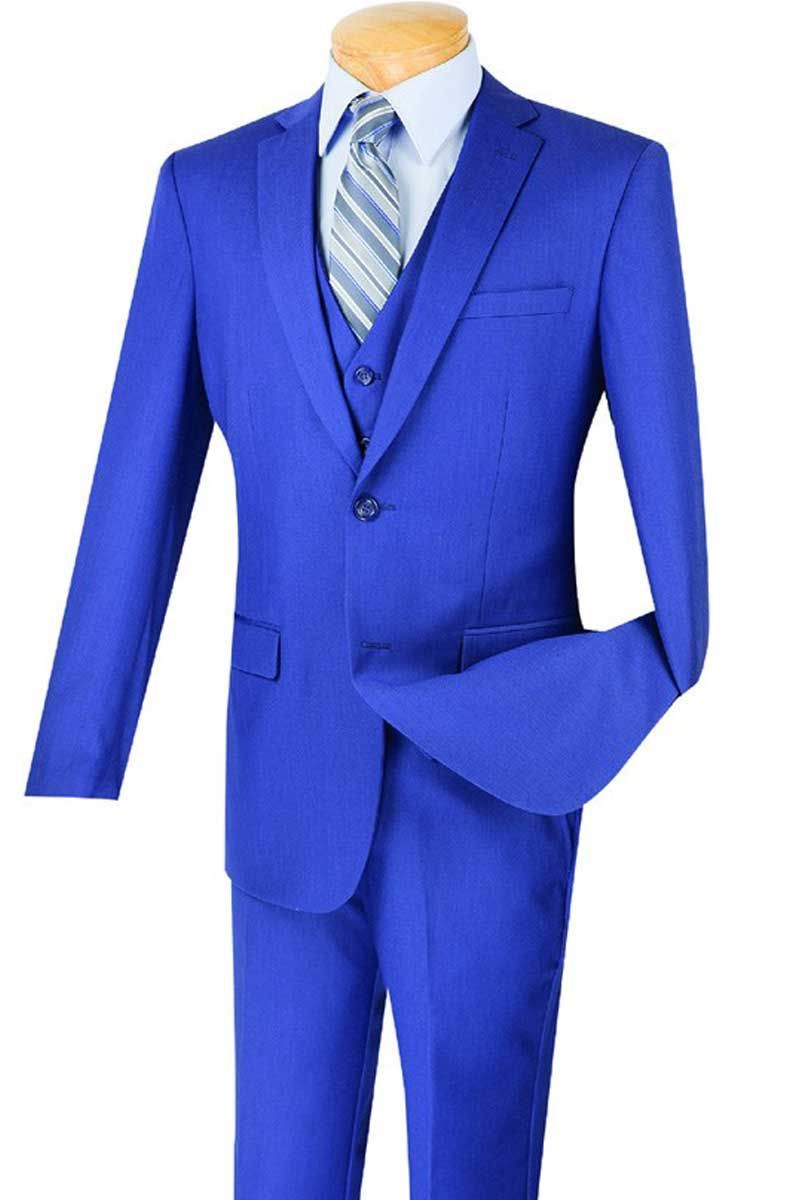 Vinci Men's Executive Style 3 Piece Slim Fit Suit with Flat Front Pants - 38 Short Jacket+32 Waist Adjustable 28to34)(Height: 5 4 to5 7 )(Neck 15-16.5)S-M)