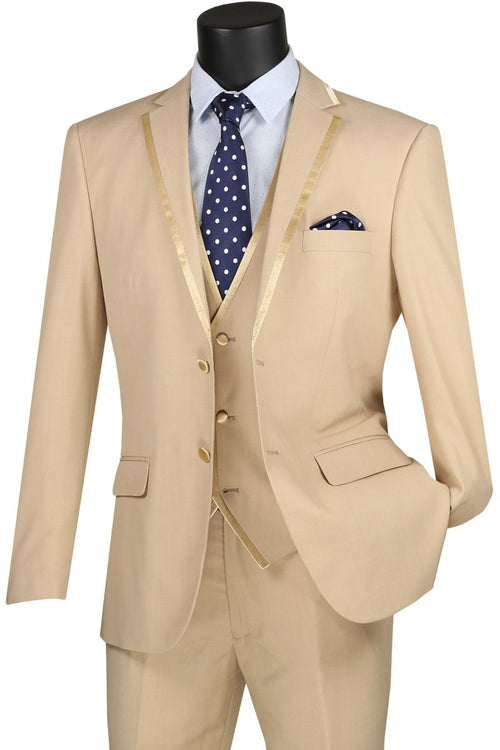 Vinci Men's Wool Feel Slim Fit 3 Piece Suit with Lapel Accent