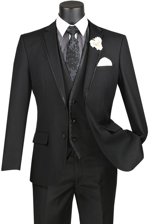 Vinci Men's Wool Feel Slim Fit 3 Piece Suit with Lapel Accent
