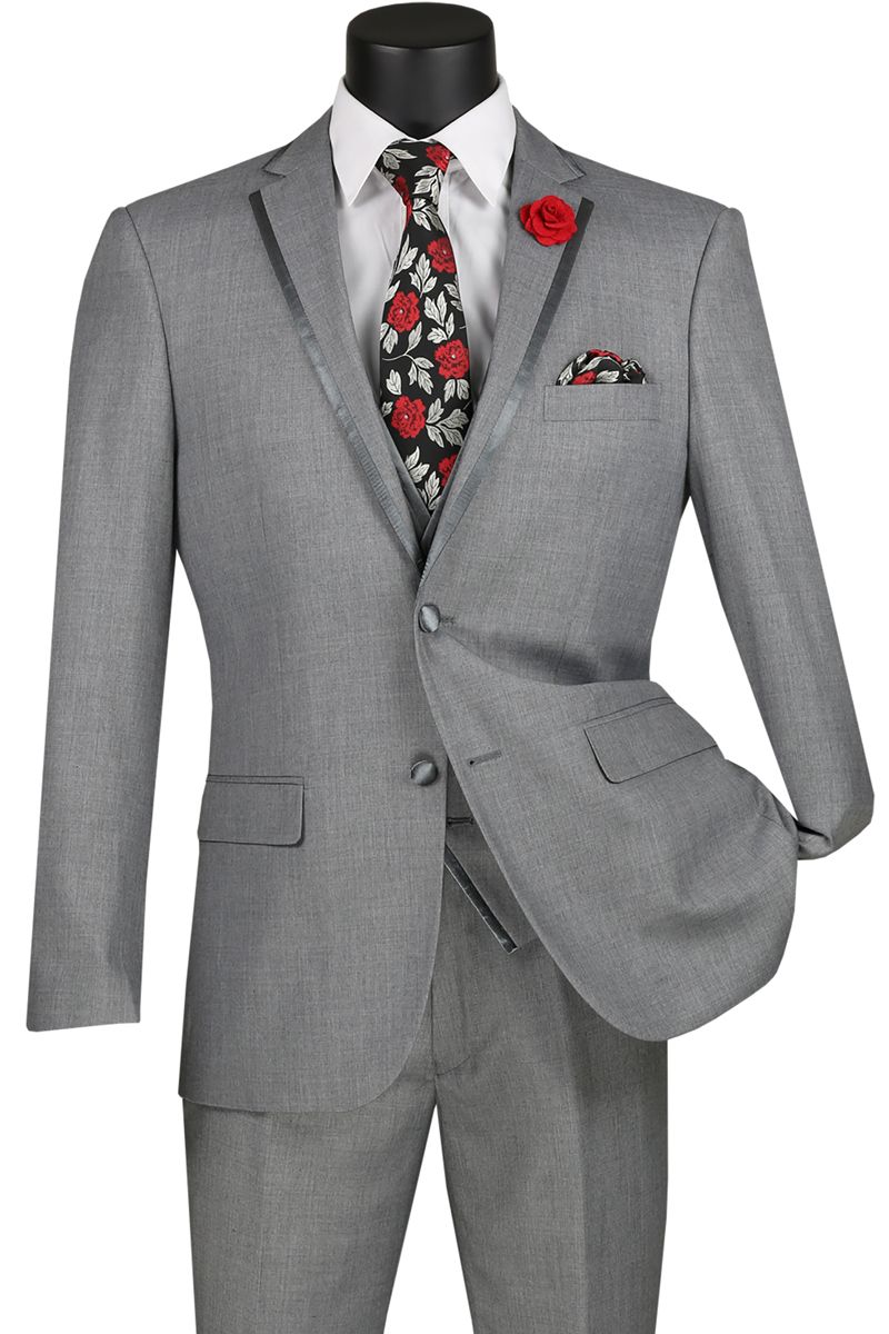 Vinci Men's Wool Feel Slim Fit 3-Piece Suit with Lapel Accent