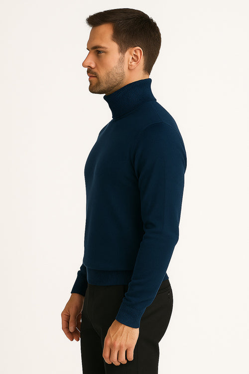 Men's Navy Blue Classic Turtleneck Sweater Lightweight Knit Pullover