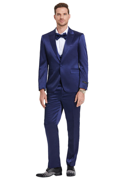"Indigo Navy Men's Sharkskin Satin Prom 2026 & Wedding Suit - One Button Vested" blue