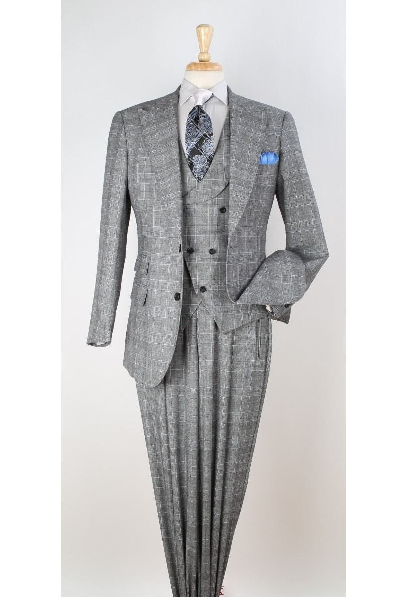Charcoal Plaid - Vested Suits - Statement Brand - Vested Suits Wool Suits - Suits With Double Breasted Vest - Windowpane Pattern - 100% Percent Wool Fabric Suit - Worsted Wool Business Suit main image 1