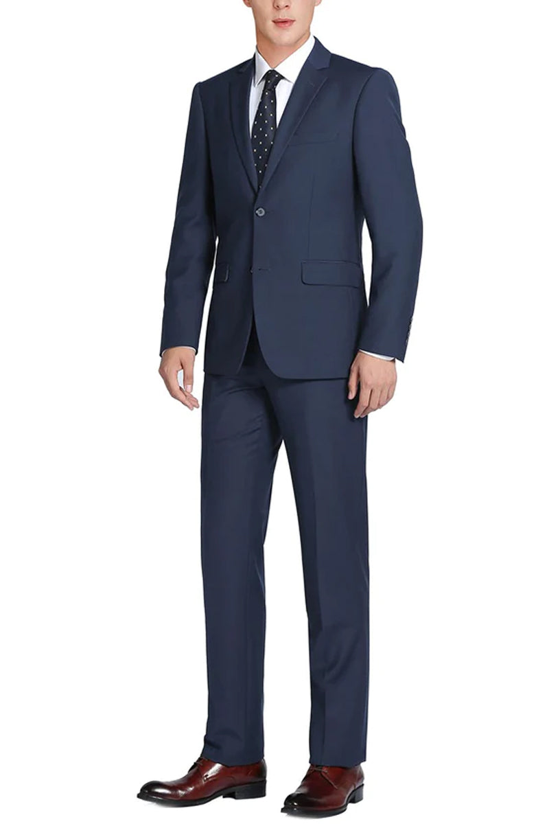 Indigo Blue Slim Fit Wool Suit for Men - Basic Two Button Style with Optional Vest