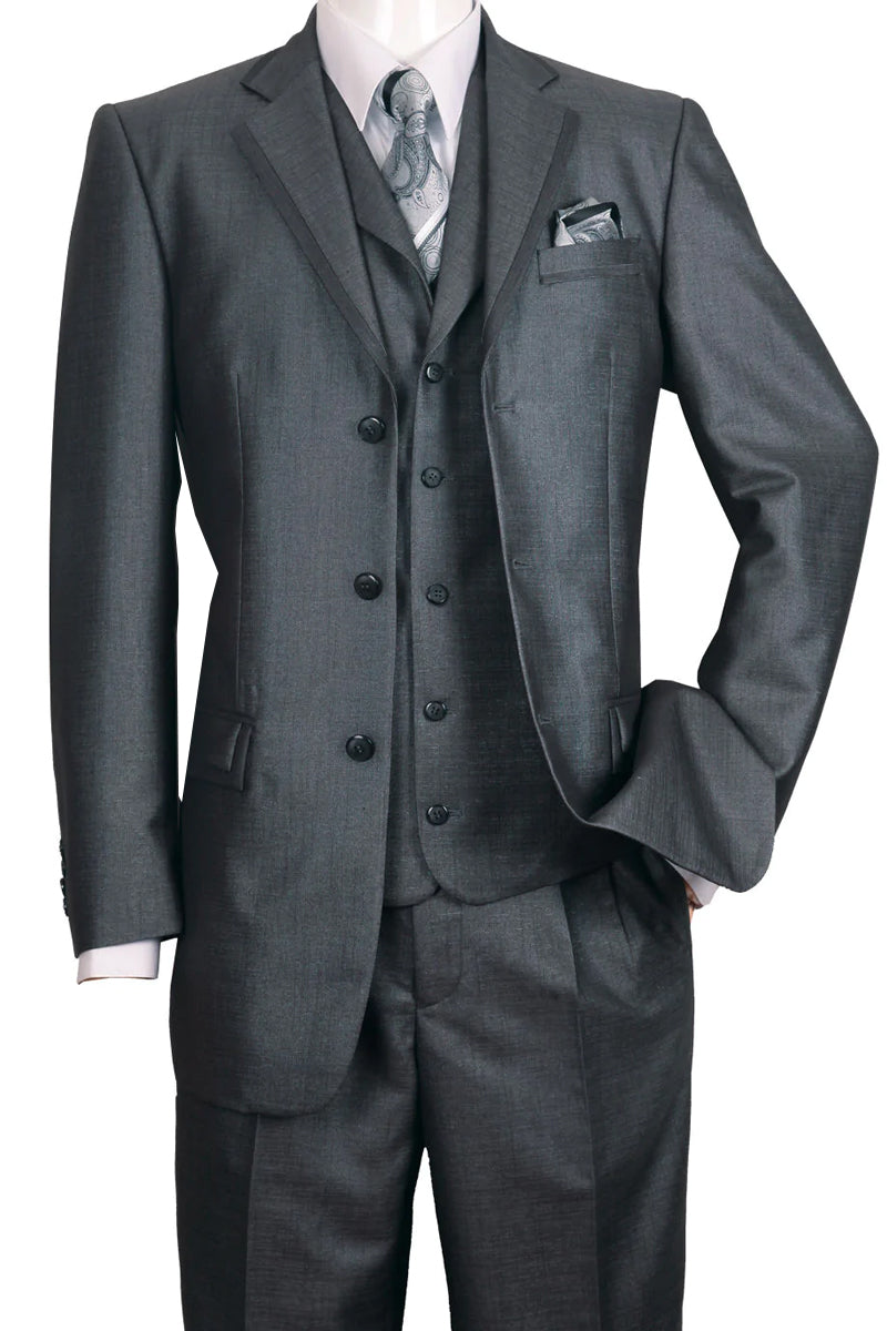"Black Sharkskin Men's 3-Button Vested Church Suit - Textured Finish" - 38 Long