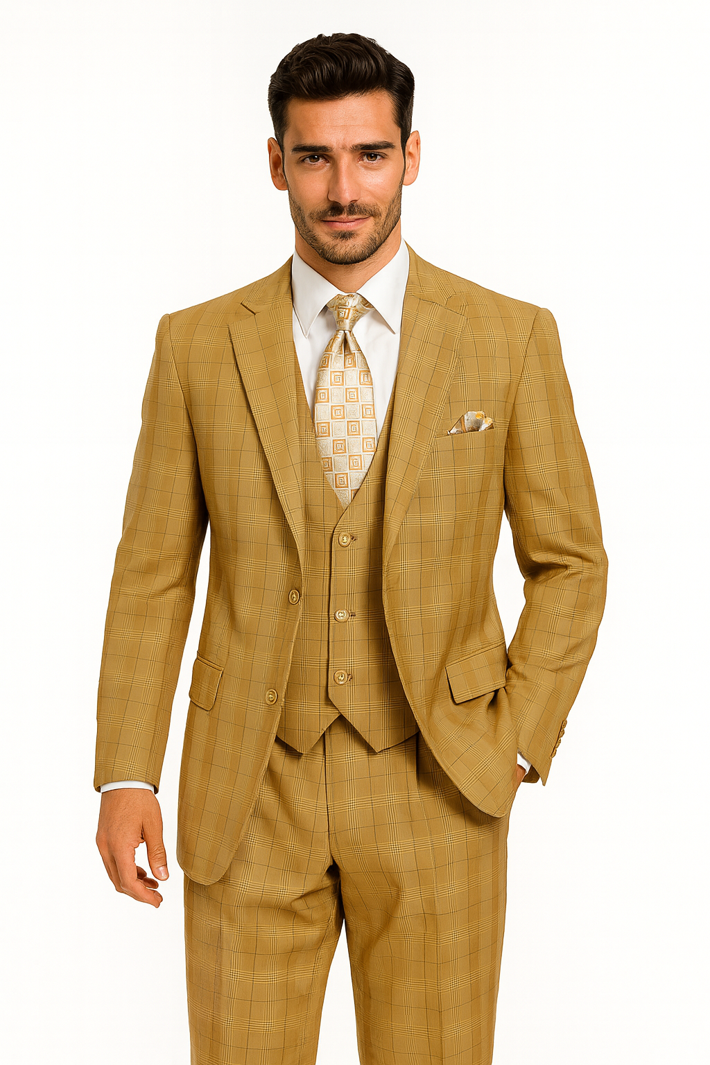 Khaki Camel Color - MENS MODERN FIT PLAID WINDOWPANE TAN SUIT WITH DOUBLE BREASTED VEST- Tan Bronze Patterned Suit - 38 Short Jacket+32 Waist Adjustable 28to34)(Height: 5 4 to5 7 )(Neck 15-16.5)S-M)