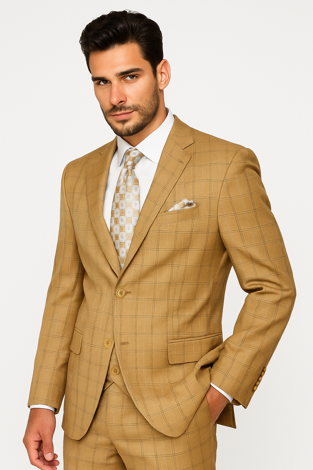Khaki Camel Color - MENS MODERN FIT PLAID WINDOWPANE TAN SUIT WITH DOUBLE BREASTED VEST- Tan Bronze Patterned Suit - 38 Short Jacket+32 Waist Adjustable 28to34)(Height: 5 4 to5 7 )(Neck 15-16.5)S-M)