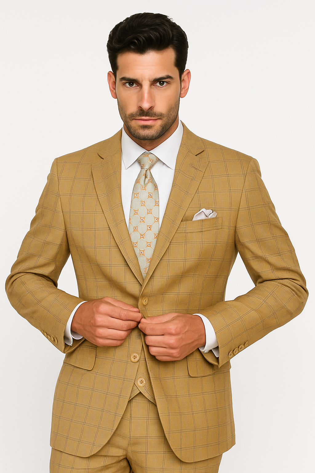 Khaki Camel Color - MENS MODERN FIT PLAID WINDOWPANE TAN SUIT WITH DOUBLE BREASTED VEST- Tan Bronze Patterned Suit - 38 Short Jacket+32 Waist Adjustable 28to34)(Height: 5 4 to5 7 )(Neck 15-16.5)S-M)