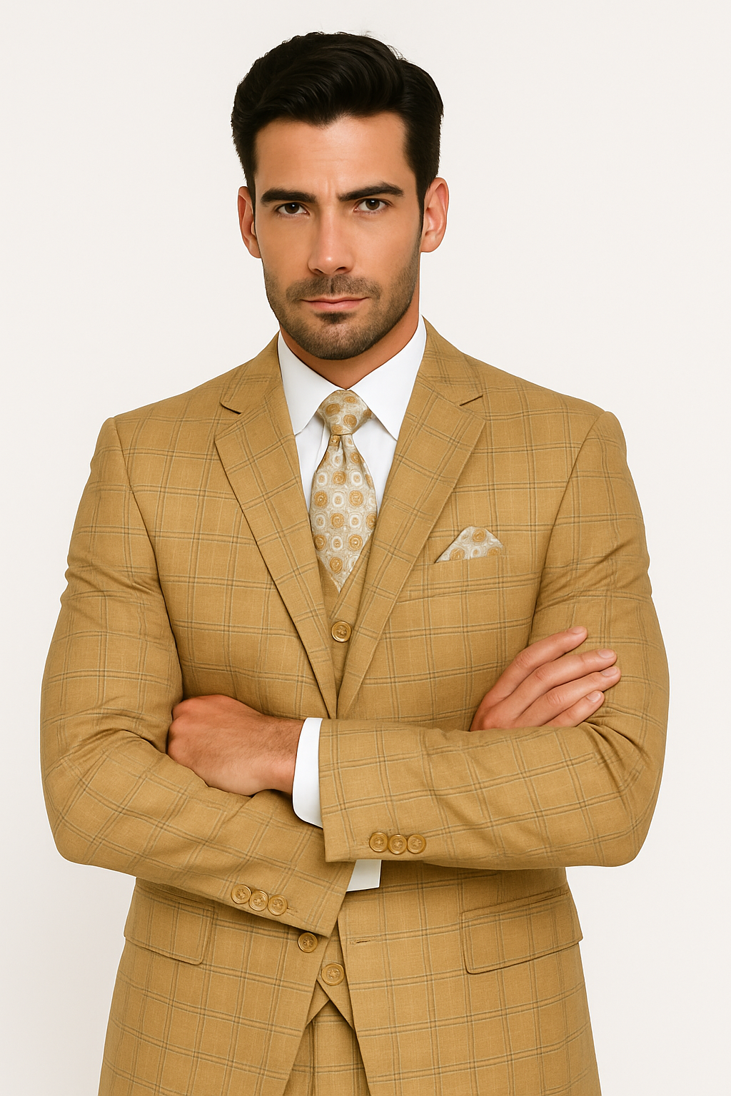Khaki Camel Color - MENS MODERN FIT PLAID WINDOWPANE TAN SUIT WITH DOUBLE BREASTED VEST- Tan Bronze Patterned Suit - 38 Short Jacket+32 Waist Adjustable 28to34)(Height: 5 4 to5 7 )(Neck 15-16.5)S-M)