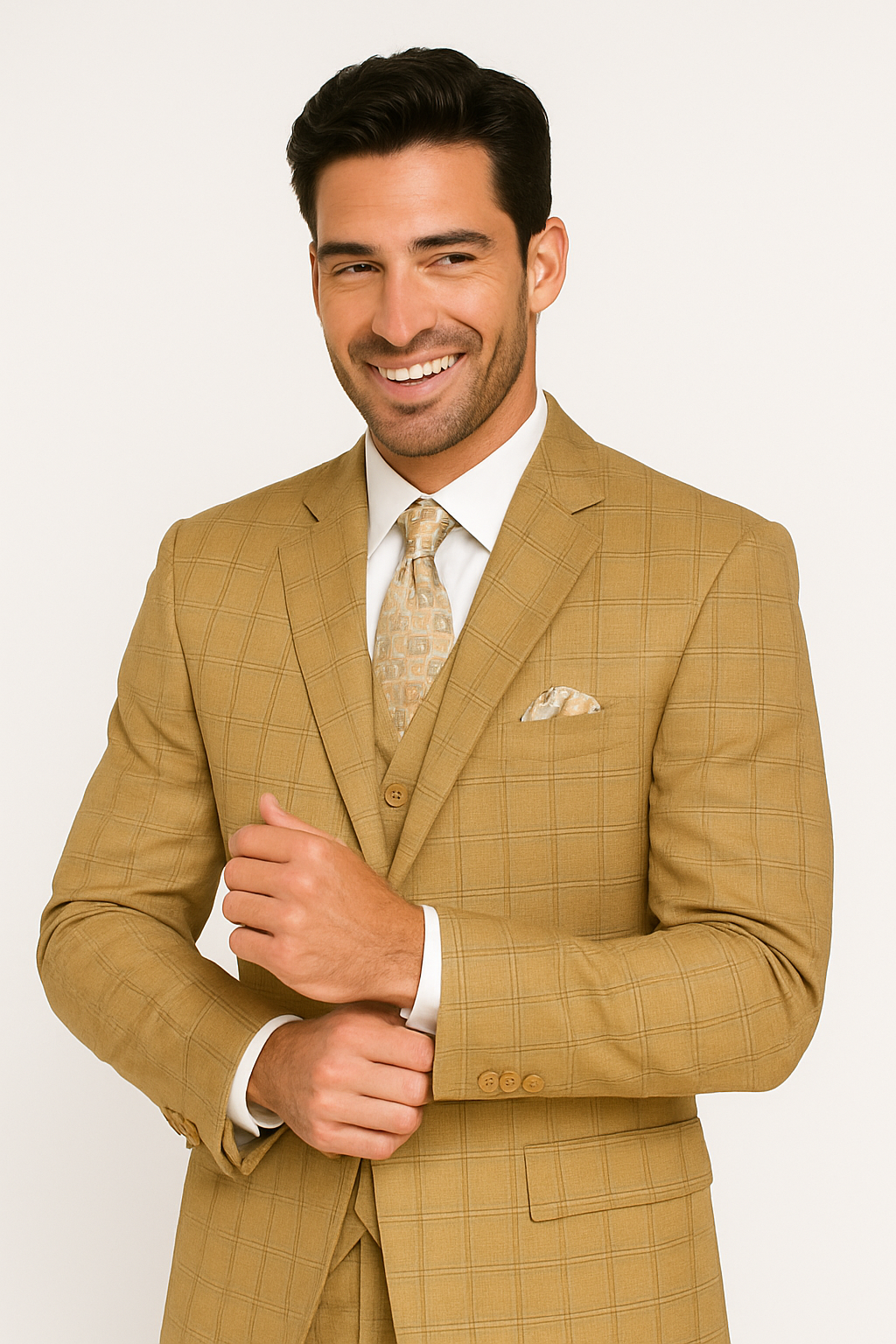 Khaki Camel Color - MENS MODERN FIT PLAID WINDOWPANE TAN SUIT WITH DOUBLE BREASTED VEST- Tan Bronze Patterned Suit - 38 Short Jacket+32 Waist Adjustable 28to34)(Height: 5 4 to5 7 )(Neck 15-16.5)S-M)