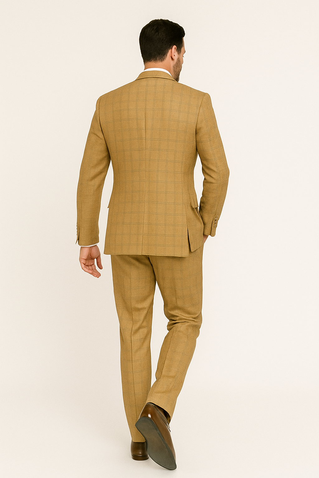 Khaki Camel Color - MENS MODERN FIT PLAID WINDOWPANE TAN SUIT WITH DOUBLE BREASTED VEST- Tan Bronze Patterned Suit - 38 Short Jacket+32 Waist Adjustable 28to34)(Height: 5 4 to5 7 )(Neck 15-16.5)S-M)