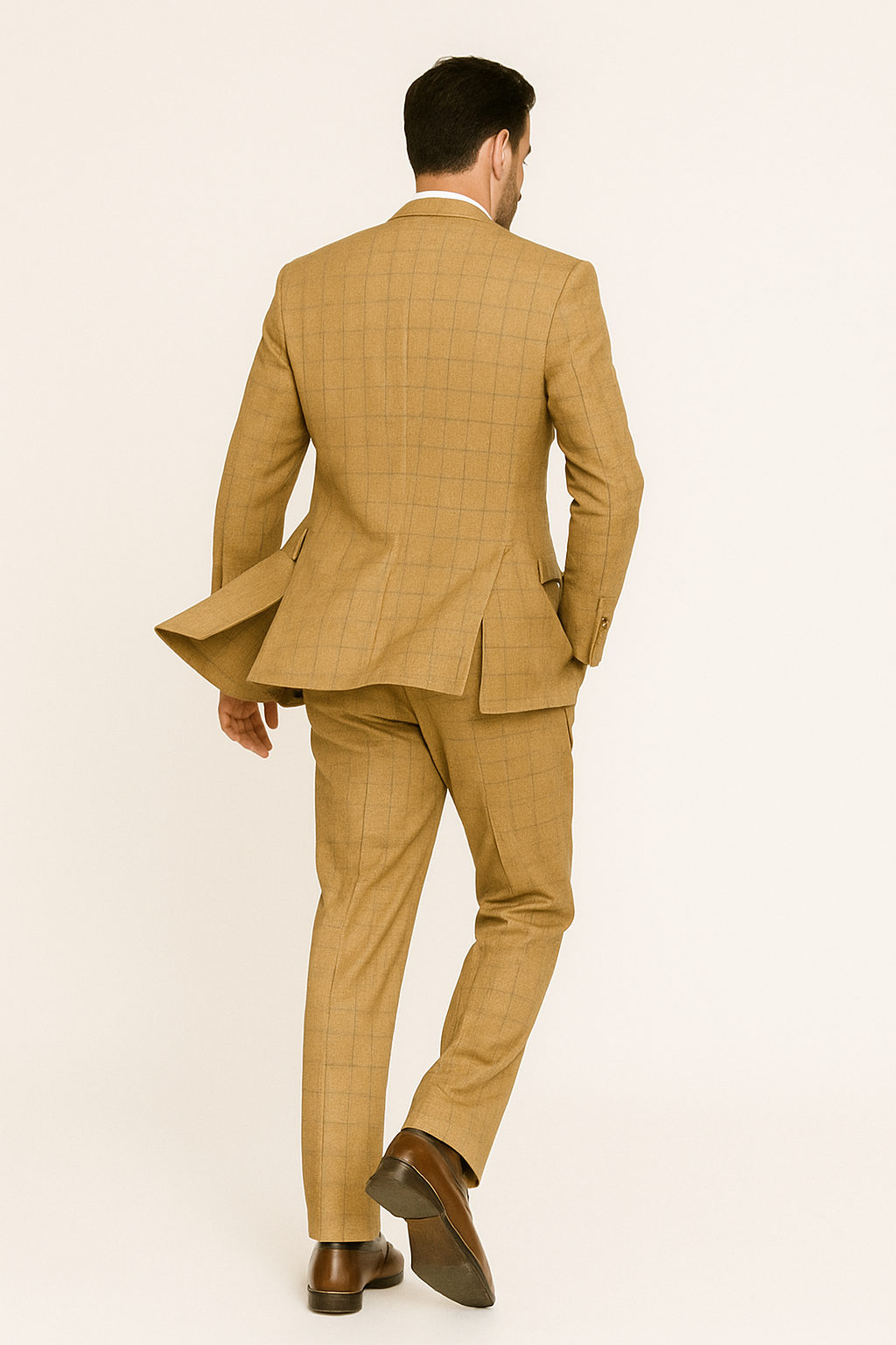 Khaki Camel Color - MENS MODERN FIT PLAID WINDOWPANE TAN SUIT WITH DOUBLE BREASTED VEST- Tan Bronze Patterned Suit - 38 Short Jacket+32 Waist Adjustable 28to34)(Height: 5 4 to5 7 )(Neck 15-16.5)S-M)