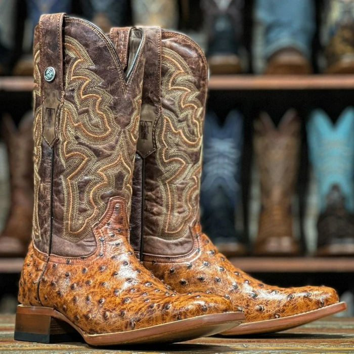 Men's Broken Arrow Print Ostrich Square Toe Boots Cognac - 6