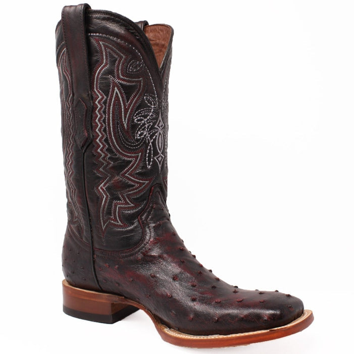 Men's Genuine Full Quill Ostrich Square Toe Boots Cherry Wood - 6