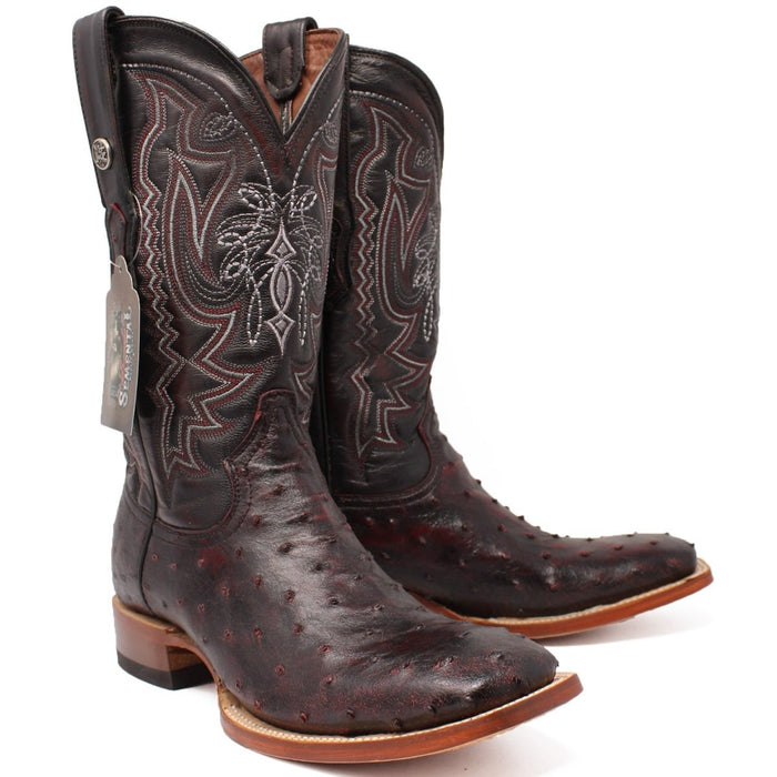 Men's Genuine Full Quill Ostrich Square Toe Boots Cherry Wood - 6