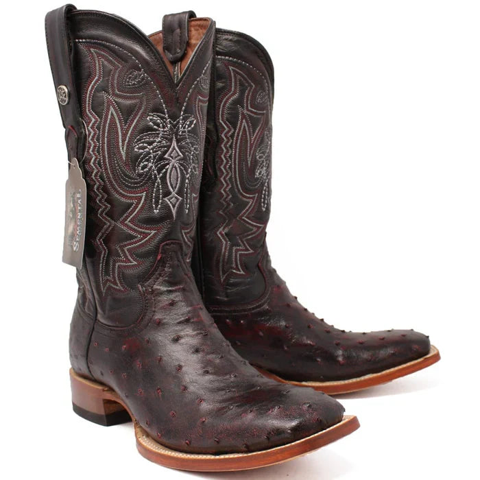 Men's Genuine Full Quill Ostrich Square Toe Boots Black Cherry - 6.5