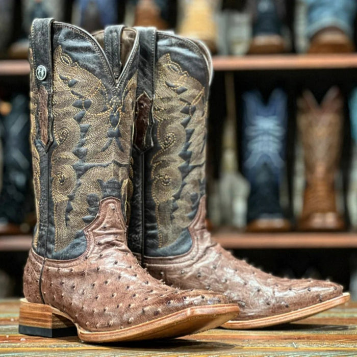 Men's Genuine Full Quill Ostrich Square Toe Boots Brown - 6