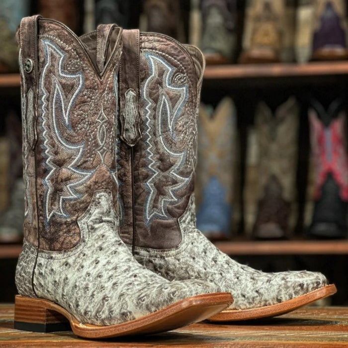 Men's Genuine Full Quill Ostrich Square Toe Boots Brown - 6