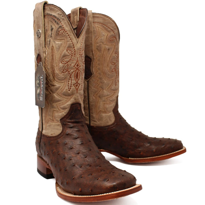 Men's Genuine Full Quill Ostrich Square Toe Boots Cherry Wood - 6