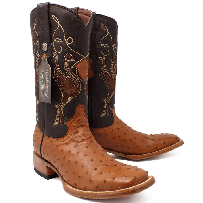 Men's Genuine Full Quill Ostrich Square Toe Boots Cognac - 6