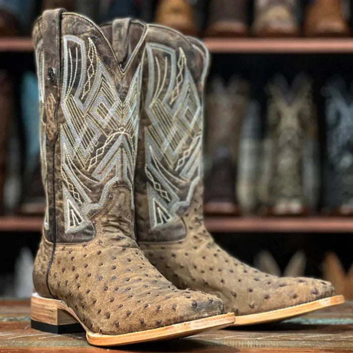 Men's Genuine Full Quill Ostrich Square Toe Boots Light Brown - 6.5